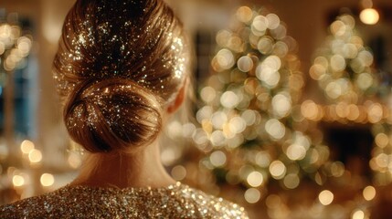Woman with Glittering Hair Looking at Christmas Tree Lights