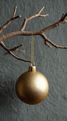 Golden Christmas Ornament Hanging from Bare Branch