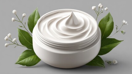 Luxurious White Cream in a Elegant Jar Surrounded by Leaves