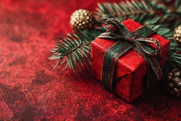 Christmas Gift Box Surrounded by Pine Branches and Ornaments