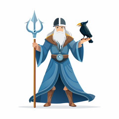 Obraz premium Powerful mythological god in a blue robe holding a trident with a raven on his hand.