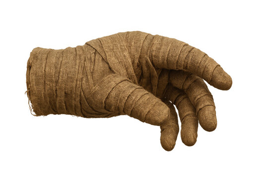 Mummy hand wrapped in ancient bandages, signifying rebirth, death, and terror. Undead creature emerging, ideal for horror themes