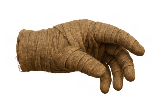 Mummy hand wrapped in ancient bandages, signifying rebirth, death, and terror. Undead creature emerging, ideal for horror themes