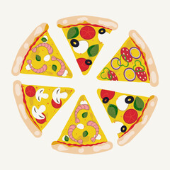 Pizza slices with different ingredients, Margherita, Pepperoni, Shrimp, Mushrooms, Pizza, Italian Cuisine, Olives, Cheese, Tomatoes, Basil