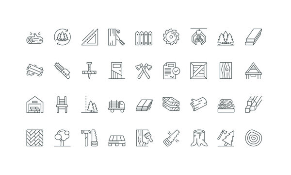 Log grapple and chainsaw, tree trunk cuts, wooden pallets thin black and red outline symbols vector illustration Wood raw material, sawmill and lumberjacks equipment, logging permit line icon set.