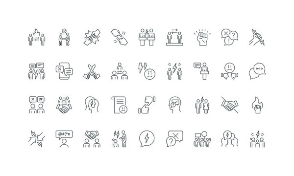 Couple and parent with child, online chat conflict, anger thin black and red outline symbols vector illustration Conflict of interests and competition, mediation, misunderstanding line icon set.