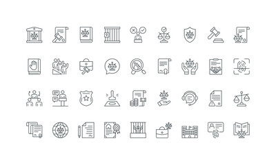 Corporate and international law, police and forensic, legislation thin black and red outline symbols vector illustration Law and justice, jurisdiction and gavel of judge, lawsuit line icon set.