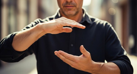 Caucasian man gesturing with hands to show small size or concept of holding something. Hand gesture for measurement or virtual display.