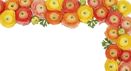 Colorful Ranunculus Arrangement A vibrant display of orange, yellow, and pink flowers on a white background