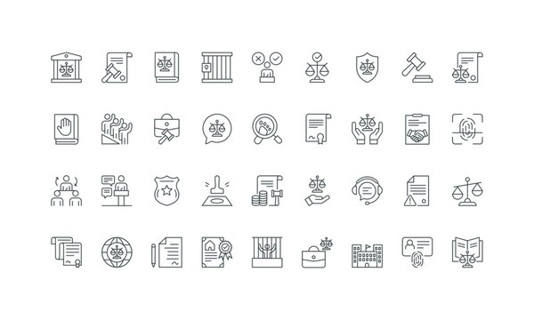 Corporate and international law, police and forensic, legislation thin black and red outline symbols vector illustration Law and justice, jurisdiction and gavel of judge, lawsuit line icon set.