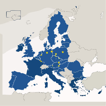 Flat vector map of European Union member countries highlighted in blue with yellow stars.