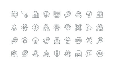 Customer journey, website and social media integration thin black and red outline symbols vector illustration CRM, customer relationship management and support service, sales analytics line icon set.