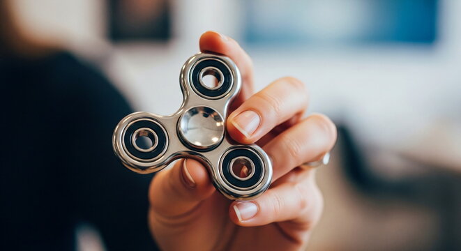 Person holding a silver fidget spinner in hand. Stress relief and anxiety reduction toy. Handheld gadget for focus and relaxation.