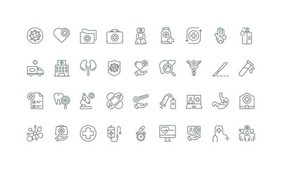 Caduceus and virus protection, doctor and nurse thin black and red outline symbols vector illustration Medical and health care, insurance and telemedicine, hospital and pharmacy line icon set.