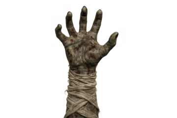Zombie mummy undead hand reaching up, showing decaying skin, blood, and bandages, with transparent background, for horror concepts
