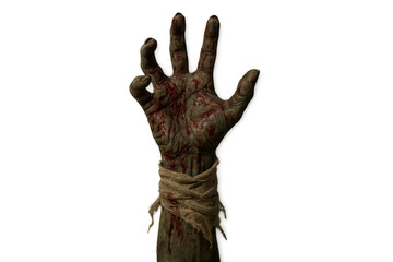 Zombie hand reaching out, covered in blood and grime from a horror apocalypse, isolated on transparent background