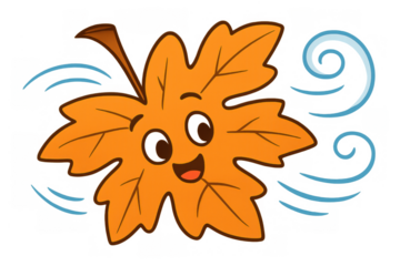 Cheerful orange maple leaf character with a smiling face enjoying the wind, symbolizing falling leaves and autumn season fun