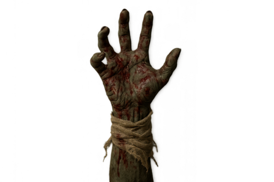 Zombie hand reaching out, covered in blood and grime from a horror apocalypse, isolated on transparent background