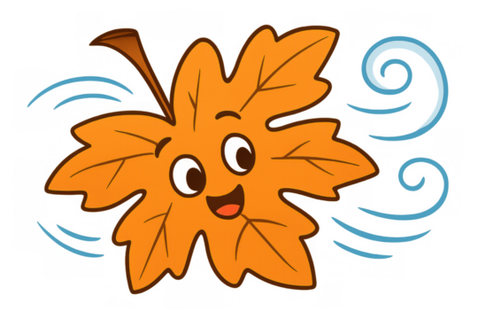 Cheerful orange maple leaf character with a smiling face enjoying the wind, symbolizing falling leaves and autumn season fun