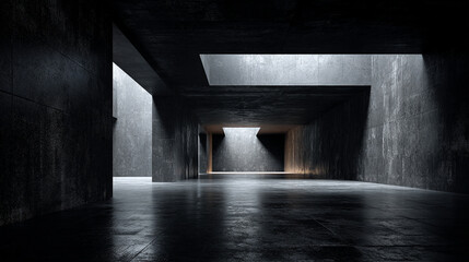 Dark black empty architectural interior studio with minimalistic walls and spacious backdrop ideal for product display modern design clean lines 3D rendering highlighting simplicity and elegance