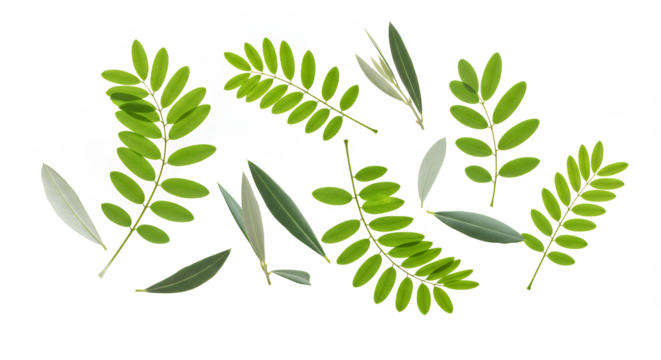 A fresh assortment of delicate green acacia and olive tree leaves beautifully arranged on a clean white background
