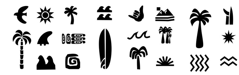 Hand-drawn doodle beach and surf icon vector set with tropical elements like palm trees, waves, surfboards, and sun. Perfect for summer designs, t-shirts, posters, vector illustration of wheat ears