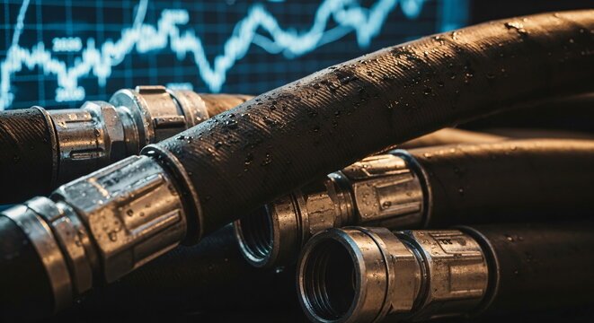 Hydraulic hoses with connectors covered in water droplets with a blue financial chart in the background, power of industry footage - Powered by Adobe