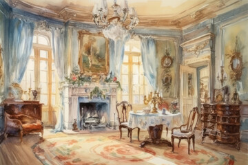 Naklejka premium An elegant living room interior in a classicist style, executed in soft watercolor tones. 