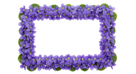 Floral Rectangle Frame Made of Small Purple Flowers and Green Leaves on a White Background