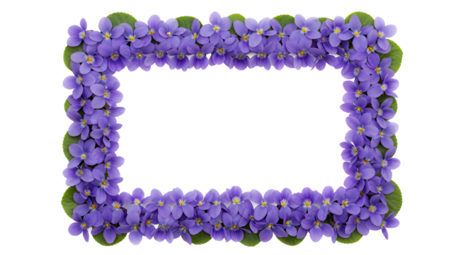 Floral Rectangle Frame Made of Small Purple Flowers and Green Leaves on a White Background