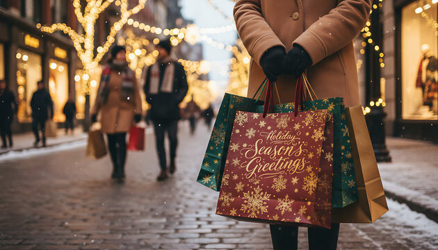 A woman wearing a winter clothing while holding a Christmas shopping bag in the alley - Powered by Adobe