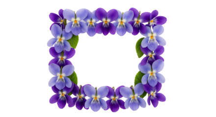 A beautiful square frame made from fresh purple and blue violet flowers with green leaves, isolated on a white background