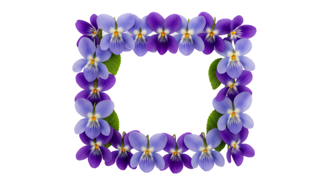 A beautiful square frame made from fresh purple and blue violet flowers with green leaves, isolated on a white background