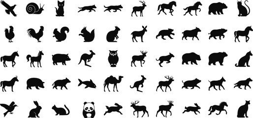 Collection of diverse animal silhouettes isolated on white background