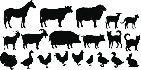 Collection of farm animal silhouettes on a white background © Rifat