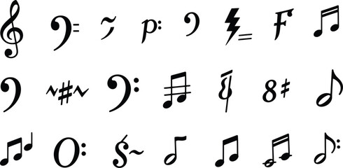 Collection of hand drawn musical notes symbols and clefs on white background