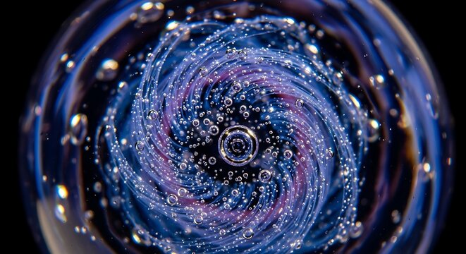 A macro photograph of a swirling blue and purple galaxy trapped inside a glass marble with bubbles. - Powered by Adobe