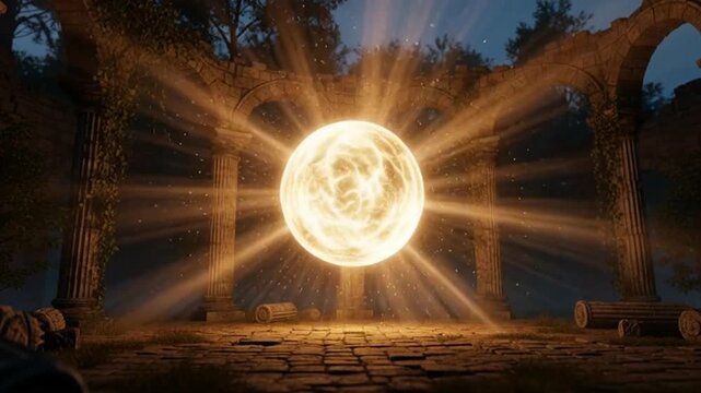 Ancient ruins glow with a mysterious energy orb, perfect for fantasy or sci-fi storytelling and epic cinematic adventures, a truly captivating scene
