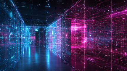 Digital room breaking apart into abstract particles, symbolizing virtual transformation, data disintegration, futuristic technology, and the fusion of physical and digital spaces.