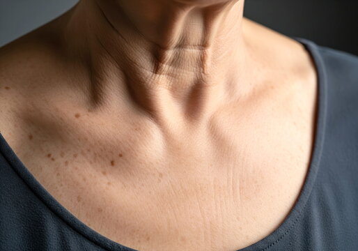 Detailed view of an elderly woman's neck and chest, showing wrinkles and sunspots. Perfect for anti-aging, skincare, and dermatology.