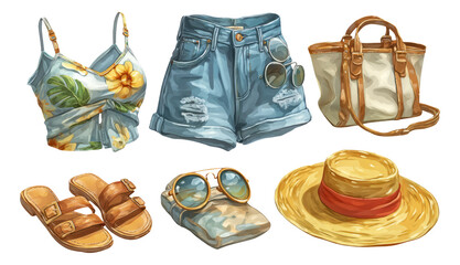 Summery Beach Collection Featuring Floral Top, Denim Shorts, Tote Bag and Accessories
