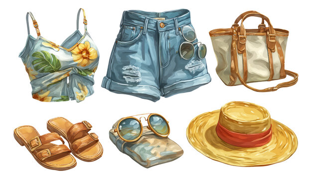 Summery Beach Collection Featuring Floral Top, Denim Shorts, Tote Bag and Accessories