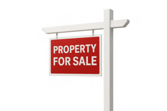Property for sale sign with red board and white post, advertising real estate opportunities, isolated on transparent background