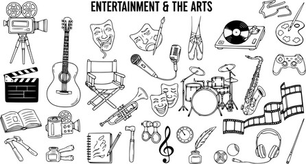 Hand-Drawn Doodle Collection of Entertainment and Arts Icons: Music, Film, Theater, Painting, Dance  Creativity