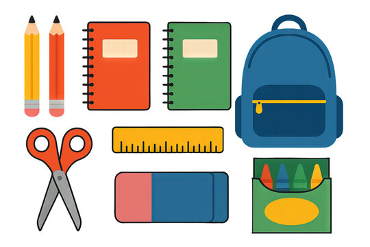 Png set of colorful school supplies including notebooks, backpack, pencils and crayons isolated on transparent background. concept of education tools, student essentials, classroom stationery.
