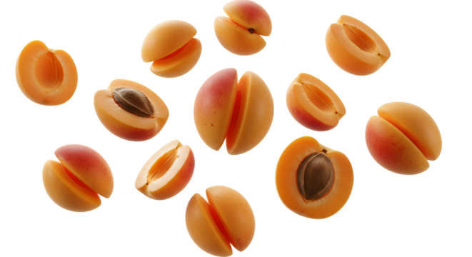 Fresh Apricots Halved and Whole with Pits, Isolated on White Background, Studio Shot