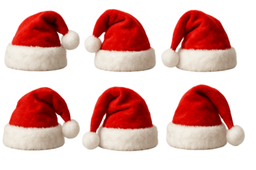 Png set of six classic santa hats isolated on transparent background. concept of holiday decor, christmas costume accessories, festive winter headwear. clip art for seasonal design