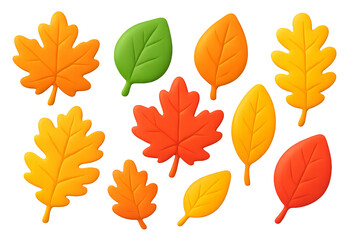 Obraz premium Png set of colorful autumn leaves in 3d isolated on transparent background. concept of seasonal decor, fall nature elements, vibrant leaf designs, simple autumn illustration.