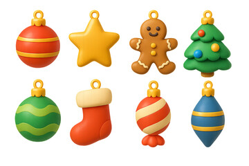 Fototapeta premium Png set of colorful christmas ornaments featuring balls, star, gingerbread, tree, stocking isolated on transparent background. concept of holiday decor, festive decorations, seasonal elements