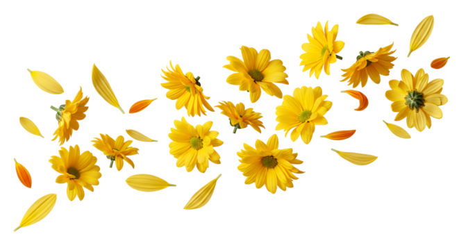 A captivating arrangement of golden yellow flowers and scattered petals in mid-air, illustrating movement and lightness against a pure white backdrop, perfect for themes of nature and freshness